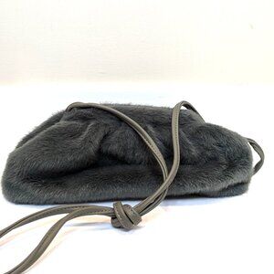 Charcoal Blue Faux Fur Clutch Pouch Crossbody Bag – Leather Strap Bottega Style